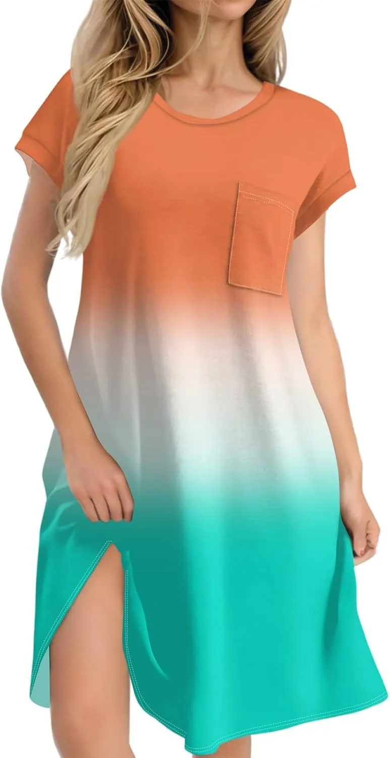 Summer Dresses for Women 2025s Casual Cap Sleeve Crewneck Loose Mini Dresses Casual Gradient Beach T Shirt Dres