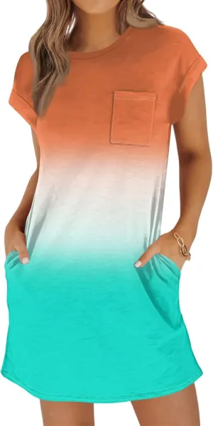 Summer Dresses for Women 2025s Casual Cap Sleeve Crewneck Loose Mini Dresses Casual Gradient Beach T Shirt Dres