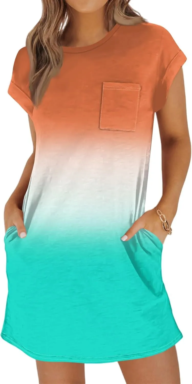 Summer Dresses for Women 2025s Casual Cap Sleeve Crewneck Loose Mini Dresses Casual Gradient Beach T Shirt Dres