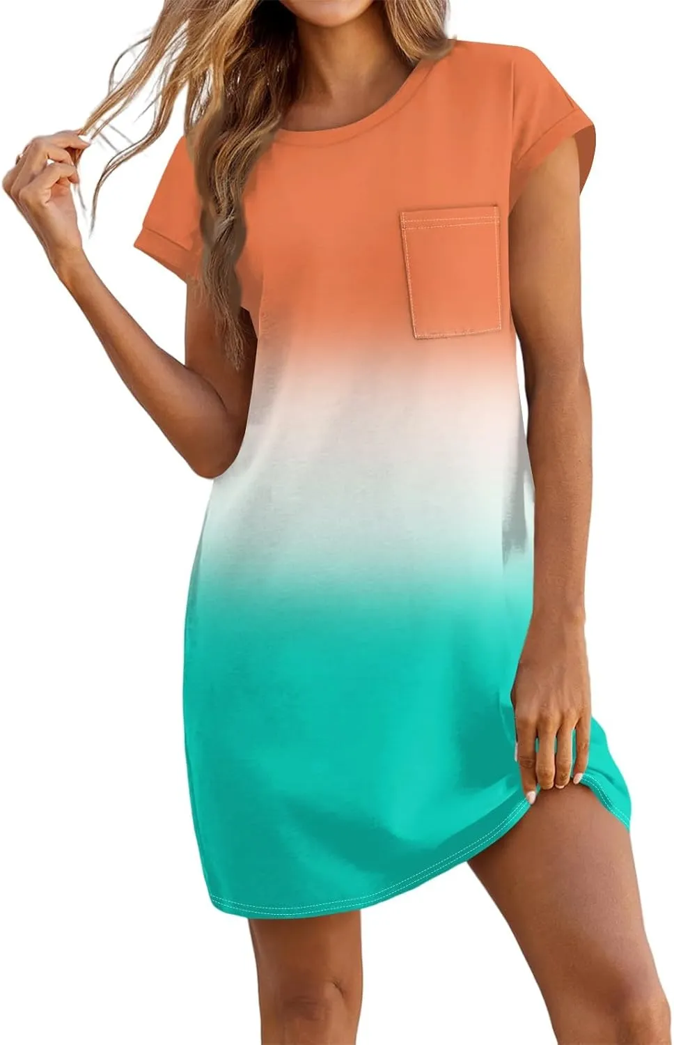 Summer Dresses for Women 2025s Casual Cap Sleeve Crewneck Loose Mini Dresses Casual Gradient Beach T Shirt Dres