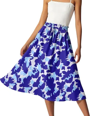 Summer Skirts for Women Midi Boho Drawstring Elastic High Waist Knee Length Skirts A Line Floral Pleated Skirt