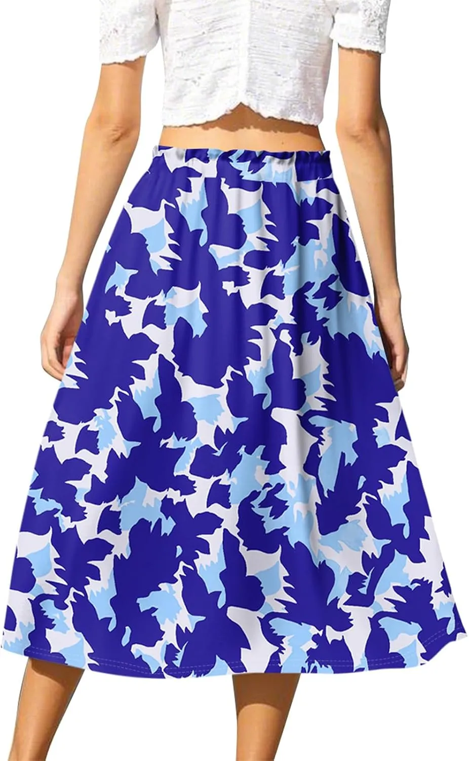 Summer Skirts for Women Midi Boho Drawstring Elastic High Waist Knee Length Skirts A Line Floral Pleated Skirt
