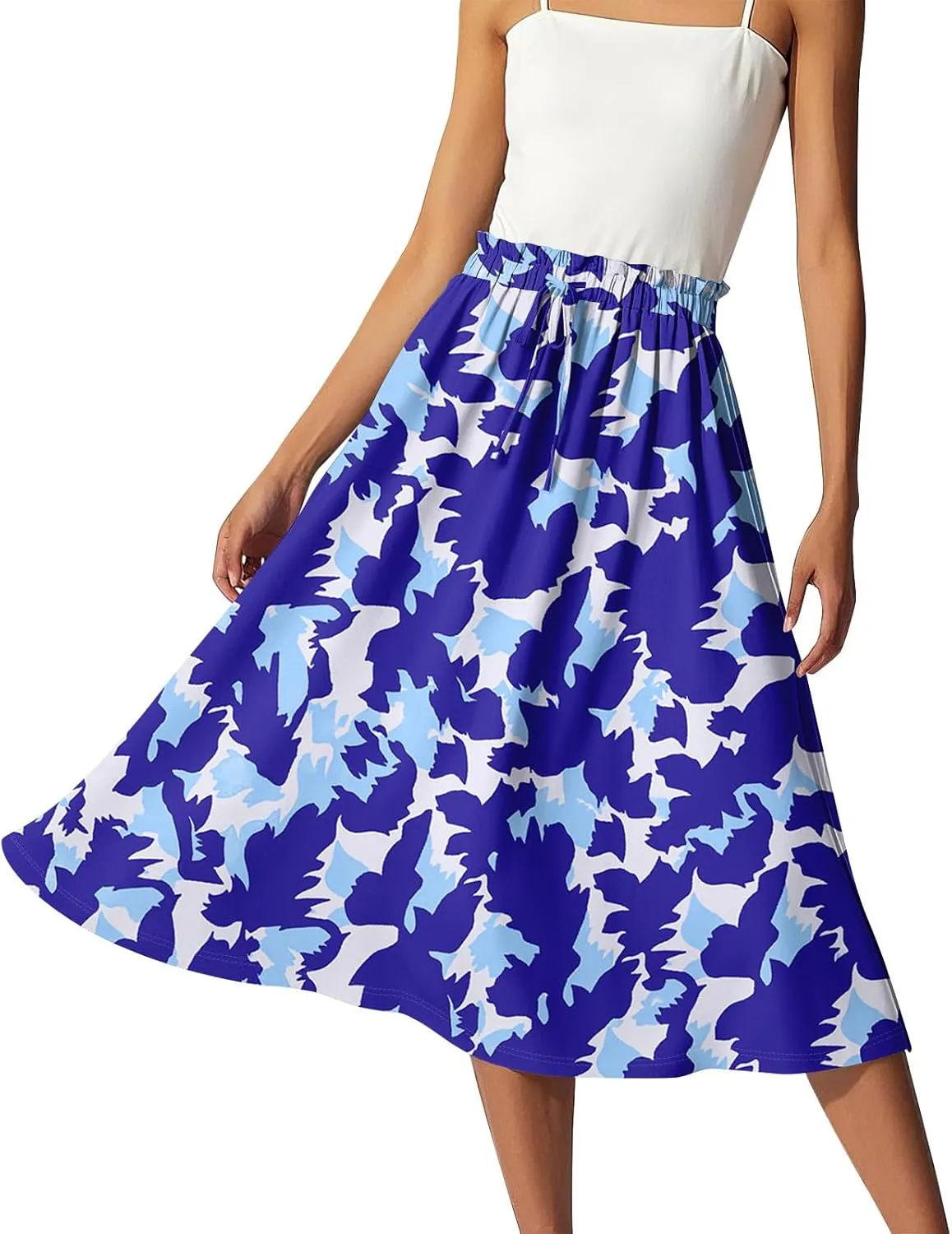 Summer Skirts for Women Midi Boho Drawstring Elastic High Waist Knee Length Skirts A Line Floral Pleated Skirt