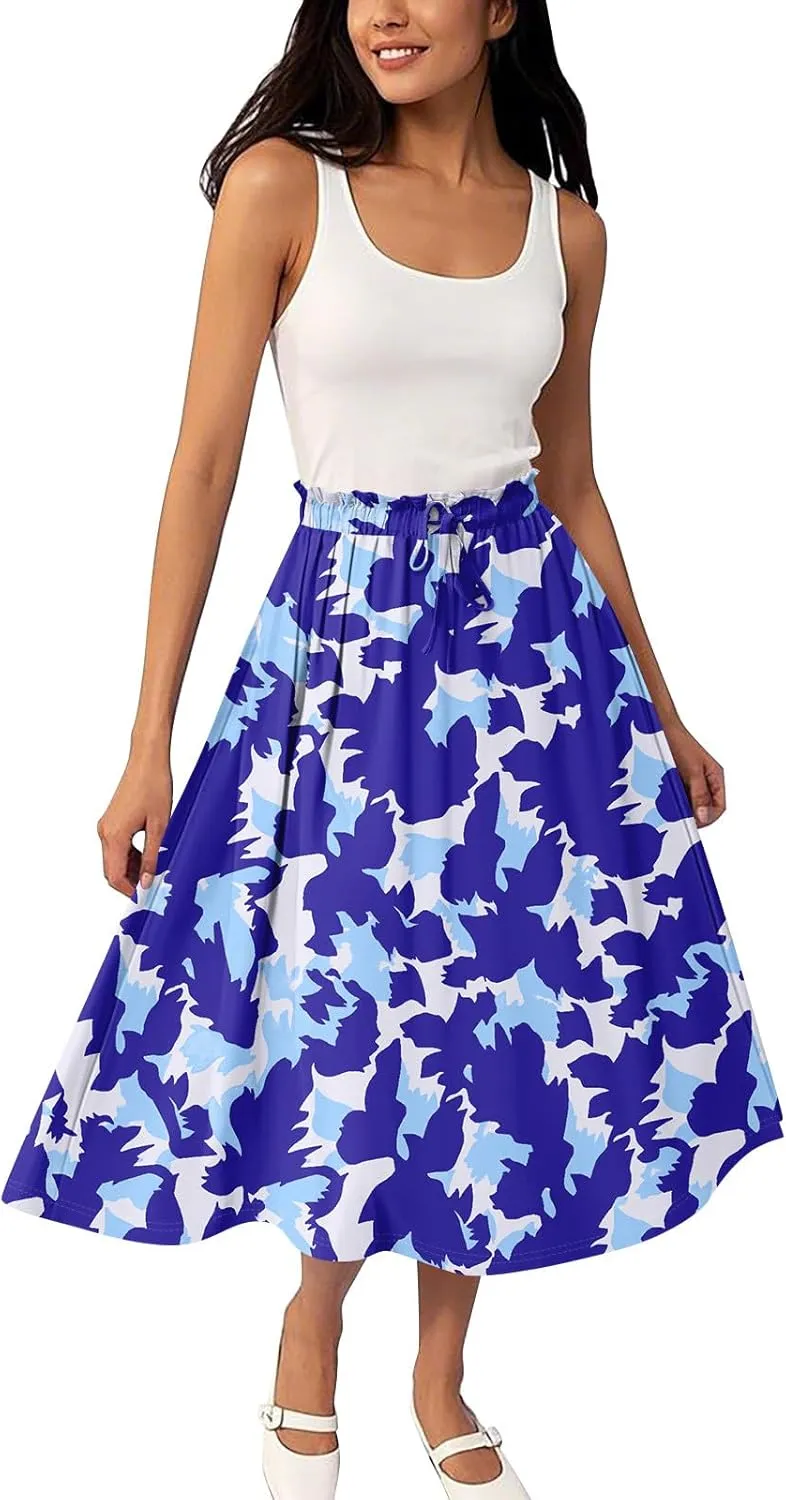 Summer Skirts for Women Midi Boho Drawstring Elastic High Waist Knee Length Skirts A Line Floral Pleated Skirt