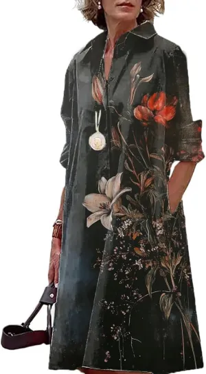 Summer Womens MIdi Button Down Long Sleeve Linen Shirt Dresses V Neck Loose Fitting Plus Size Casual Dress for Women