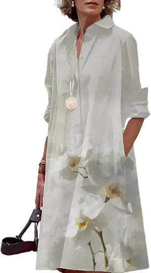 Summer Womens MIdi Button Down Long Sleeve Linen Shirt Dresses V Neck Loose Fitting Plus Size Casual Dress for Women