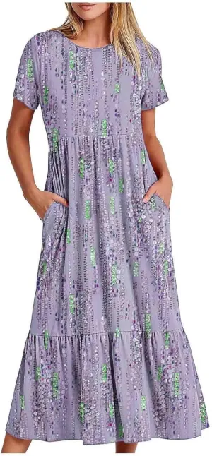 Summer Work Dresses for Women 2024 Vintage Floral Print Tiered Long Maxi Dress Beach Sundress Trendy 2024 Vacation