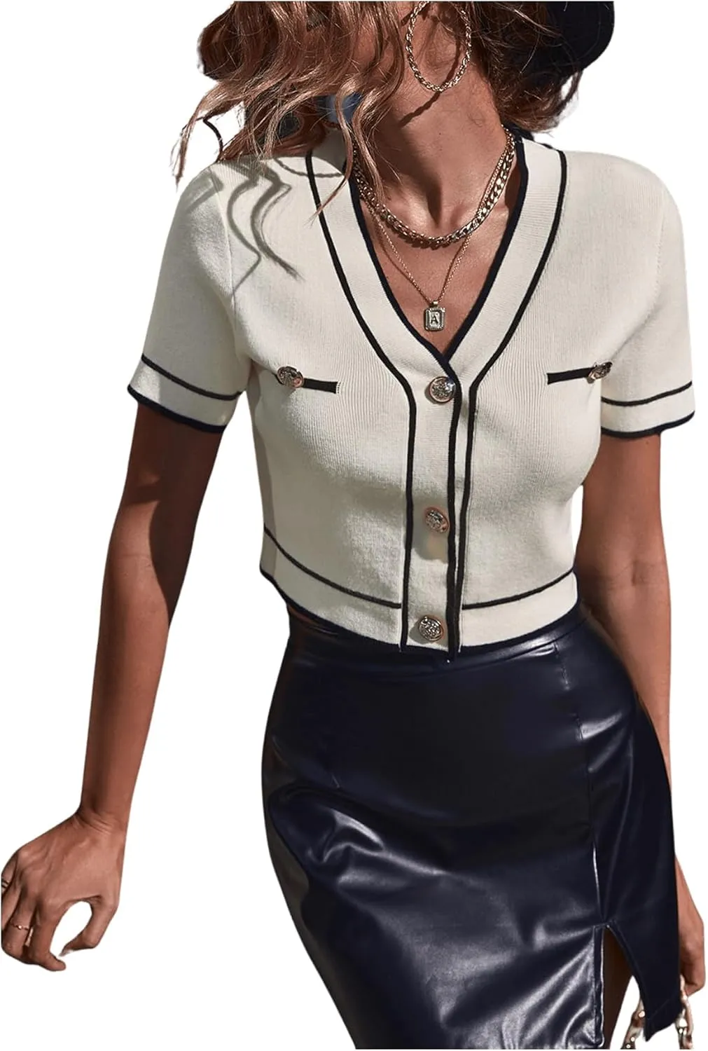 SweatyRocks Women's Casual V Neck Short Sleeve Cardigan Button Front Slim Fit Crop Knit Top