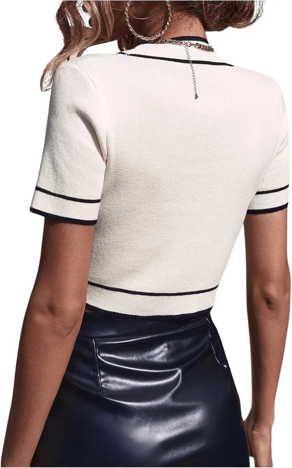SweatyRocks Women's Casual V Neck Short Sleeve Cardigan Button Front Slim Fit Crop Knit Top