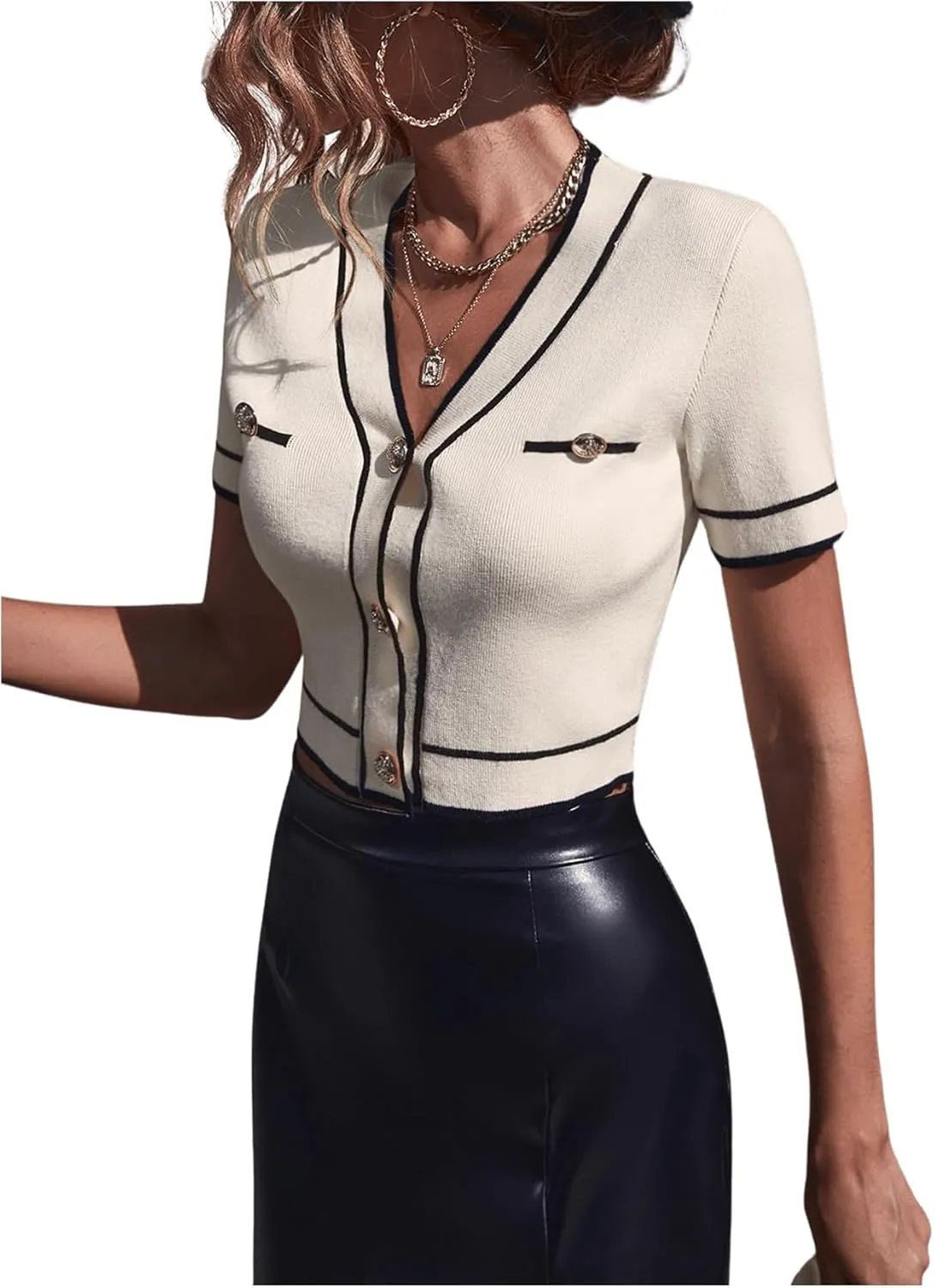 SweatyRocks Women's Casual V Neck Short Sleeve Cardigan Button Front Slim Fit Crop Knit Top
