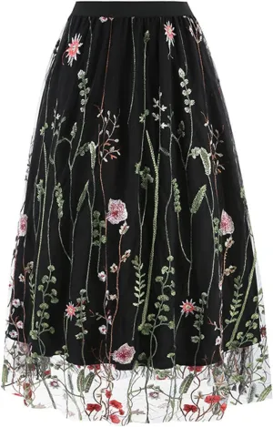 Tulle Skirts for Women Ditsy Floral Bohemian Mesh Midi Skirt Double-Layered High Waisted Flowy Long Maxi Skirt