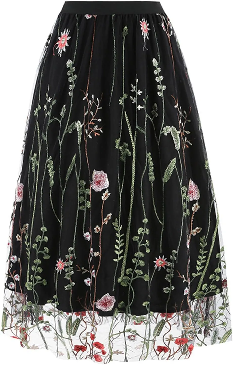 Tulle Skirts for Women Ditsy Floral Bohemian Mesh Midi Skirt Double-Layered High Waisted Flowy Long Maxi Skirt
