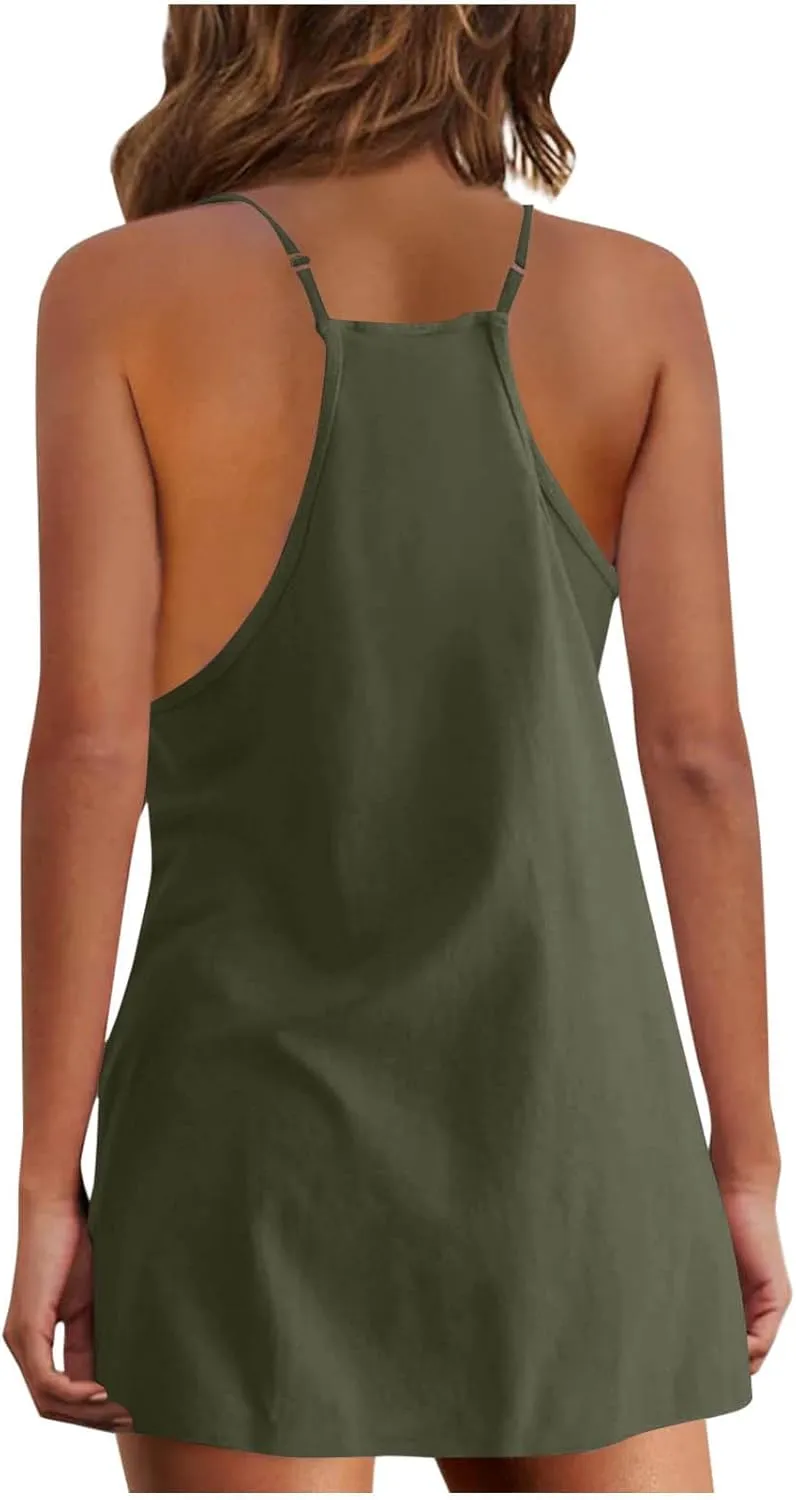 Vacation Dresses for Women 2025 Casual Sleeveless Cute Sundress Ladies Sexy Summer Mini Tank Dress with Pockets
