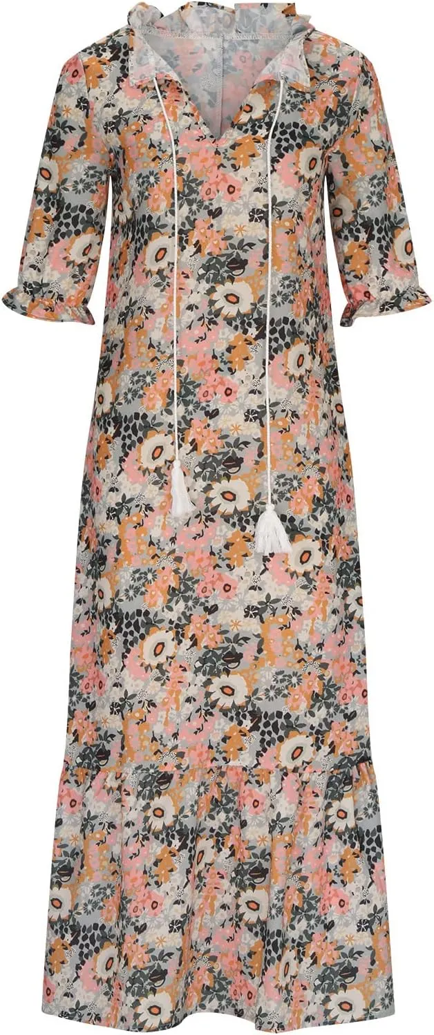 Vacation Dresses for Women 3/4 Length Sleeve V-Neck Summer Dress Empire Waist Casual Flowy Vintage Graphic Dress
