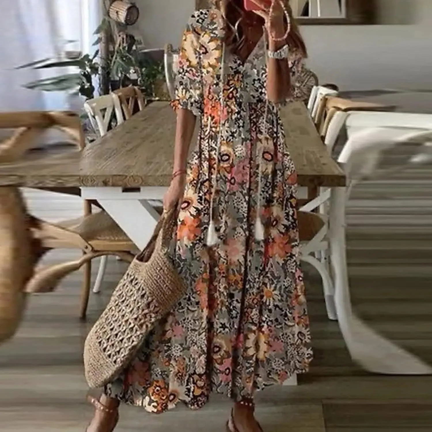 Vacation Dresses for Women 3/4 Length Sleeve V-Neck Summer Dress Empire Waist Casual Flowy Vintage Graphic Dress