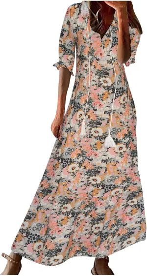 Vacation Dresses for Women 3/4 Length Sleeve V-Neck Summer Dress Empire Waist Casual Flowy Vintage Graphic Dress