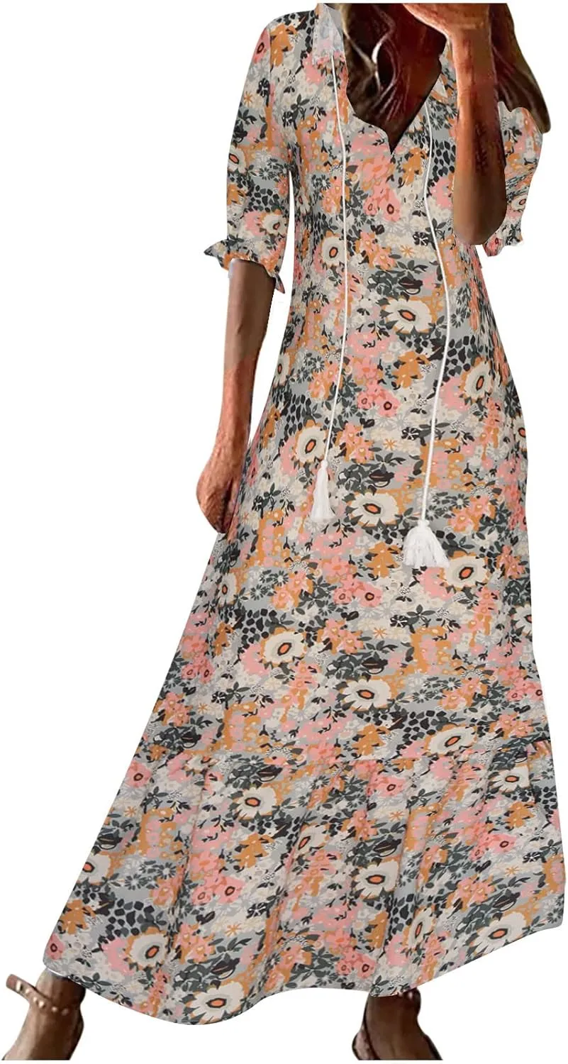 Vacation Dresses for Women 3/4 Length Sleeve V-Neck Summer Dress Empire Waist Casual Flowy Vintage Graphic Dress