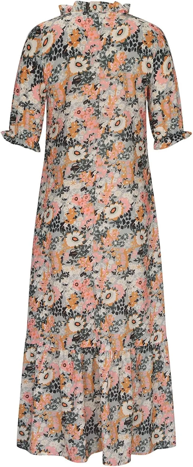 Vacation Dresses for Women 3/4 Length Sleeve V-Neck Summer Dress Empire Waist Casual Flowy Vintage Graphic Dress