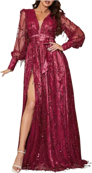 Wedding Guest Dresses for Women, Cocktail Dress, Sparkly Glitter V-Neck Party Dress, High Split Chiffon Evening Dress