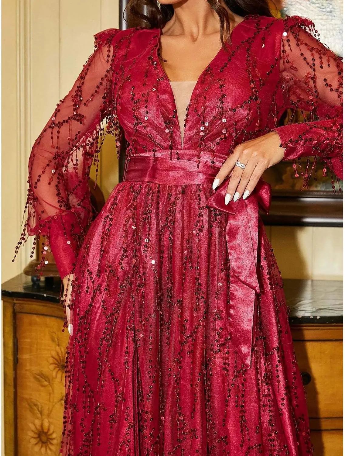Wedding Guest Dresses for Women, Cocktail Dress, Sparkly Glitter V-Neck Party Dress, High Split Chiffon Evening Dress