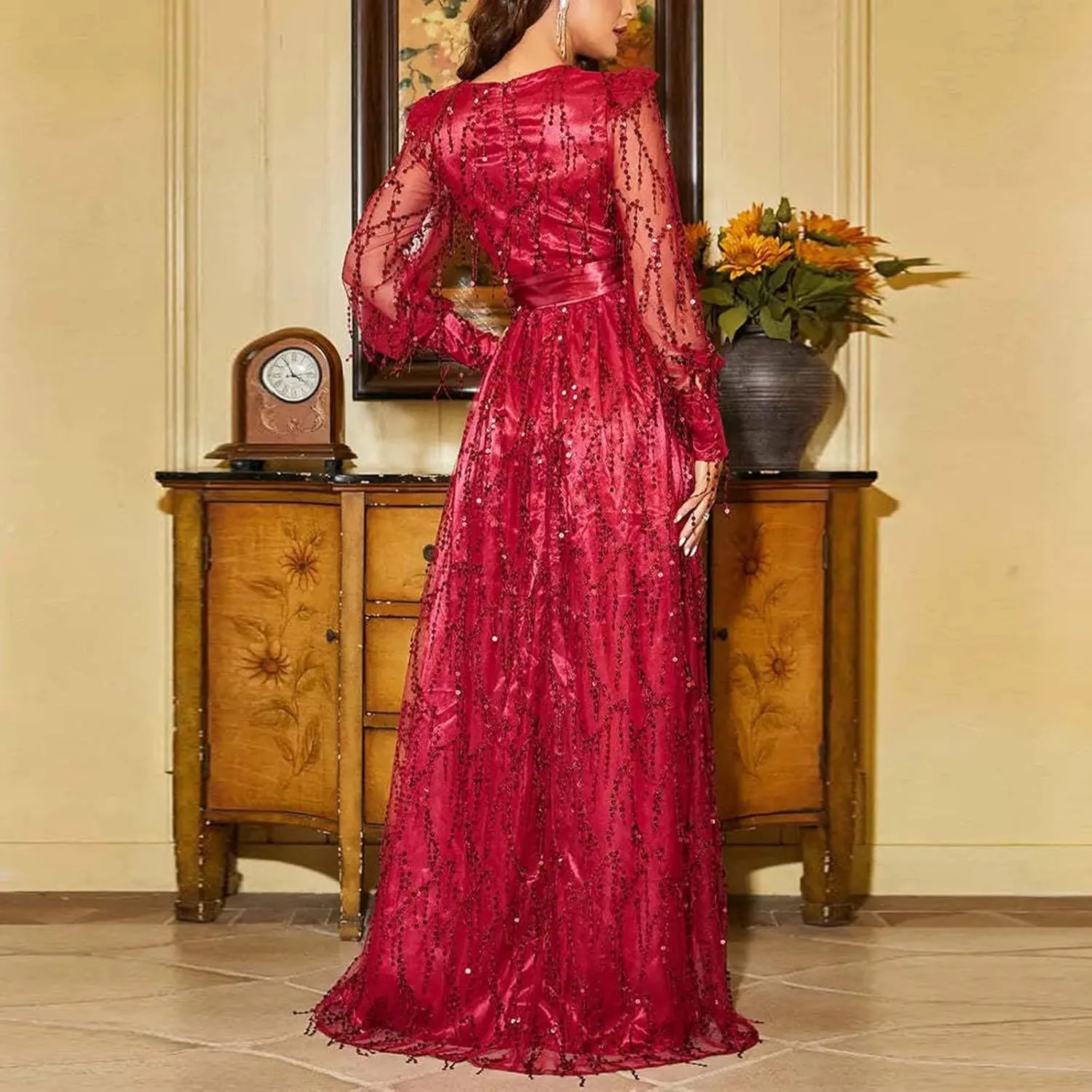 Wedding Guest Dresses for Women, Cocktail Dress, Sparkly Glitter V-Neck Party Dress, High Split Chiffon Evening Dress