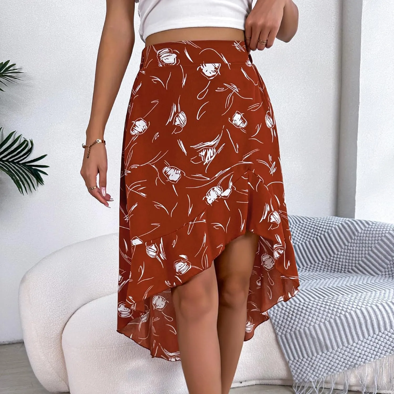 Women 2024 Summer Spring Boho Long Skirts Dress Floral Print Elastic Waist Split Ruffle High Low Beach Flowy Dress