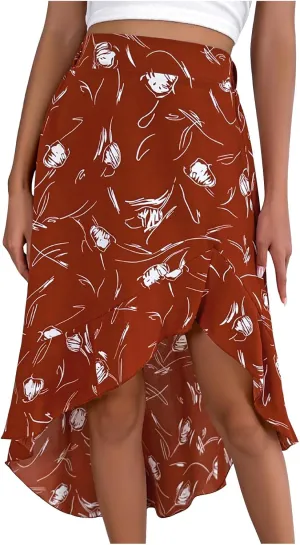 Women 2024 Summer Spring Boho Long Skirts Dress Floral Print Elastic Waist Split Ruffle High Low Beach Flowy Dress