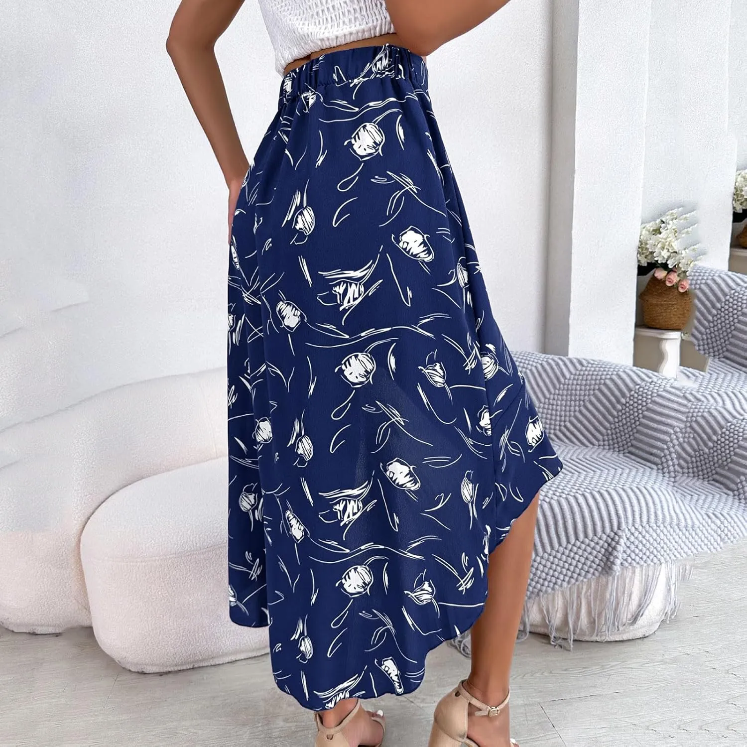 Women 2024 Summer Spring Boho Long Skirts Dress Floral Print Elastic Waist Split Ruffle High Low Beach Flowy Dress