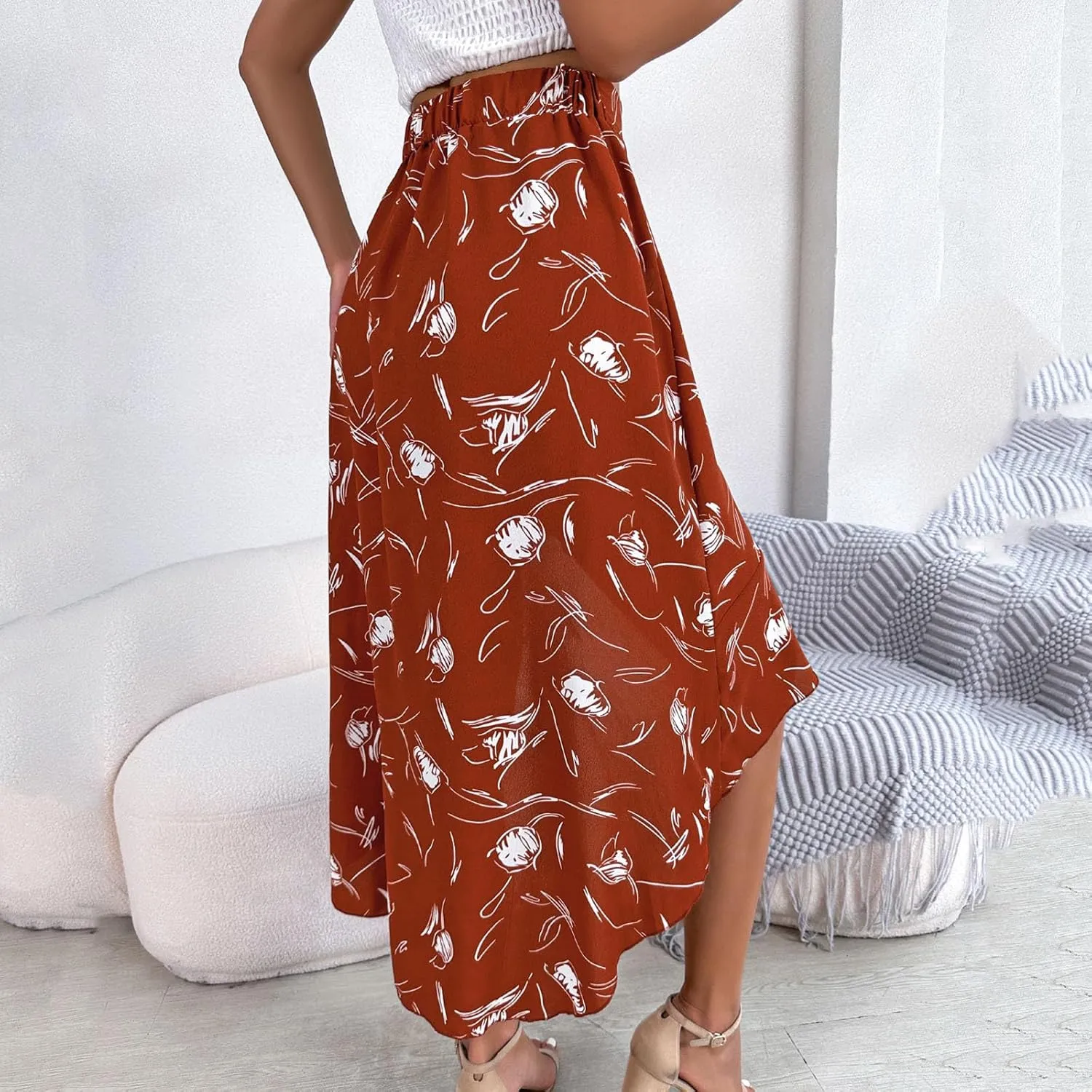 Women 2024 Summer Spring Boho Long Skirts Dress Floral Print Elastic Waist Split Ruffle High Low Beach Flowy Dress