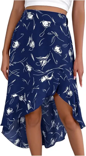 Women 2024 Summer Spring Boho Long Skirts Dress Floral Print Elastic Waist Split Ruffle High Low Beach Flowy Dress