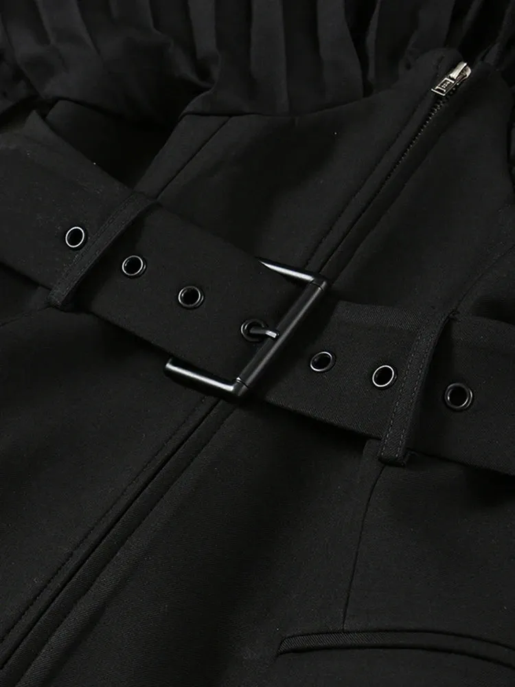 Women Black Pleated Belt Temperament Blazer New V-collarLong Sleeve Loose Fit Jacket Fashion Spring Autumn 2024