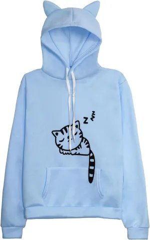 Women Teen Girls Hoodie Sweatshirt With Cute Cat Ear and Sleeping Cat Printed Pullover