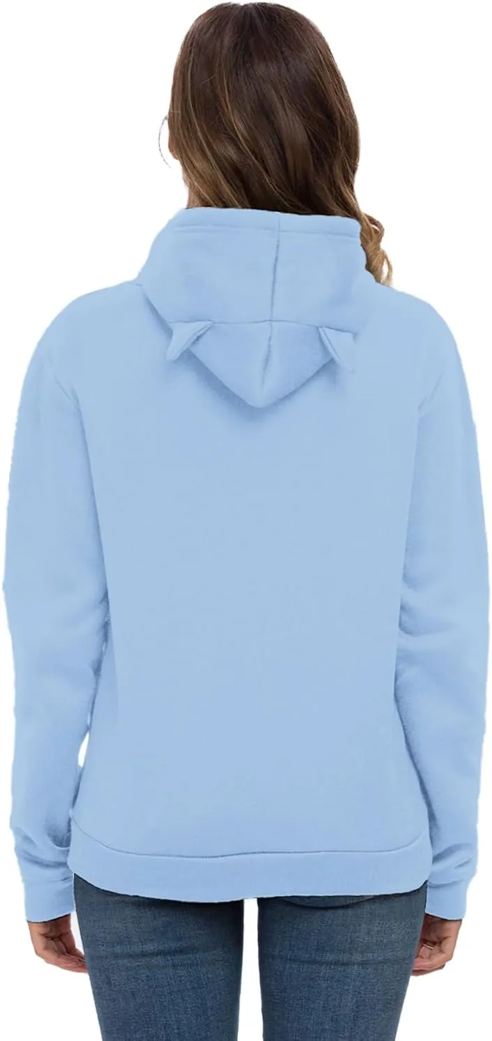 Women Teen Girls Hoodie Sweatshirt With Cute Cat Ear and Sleeping Cat Printed Pullover