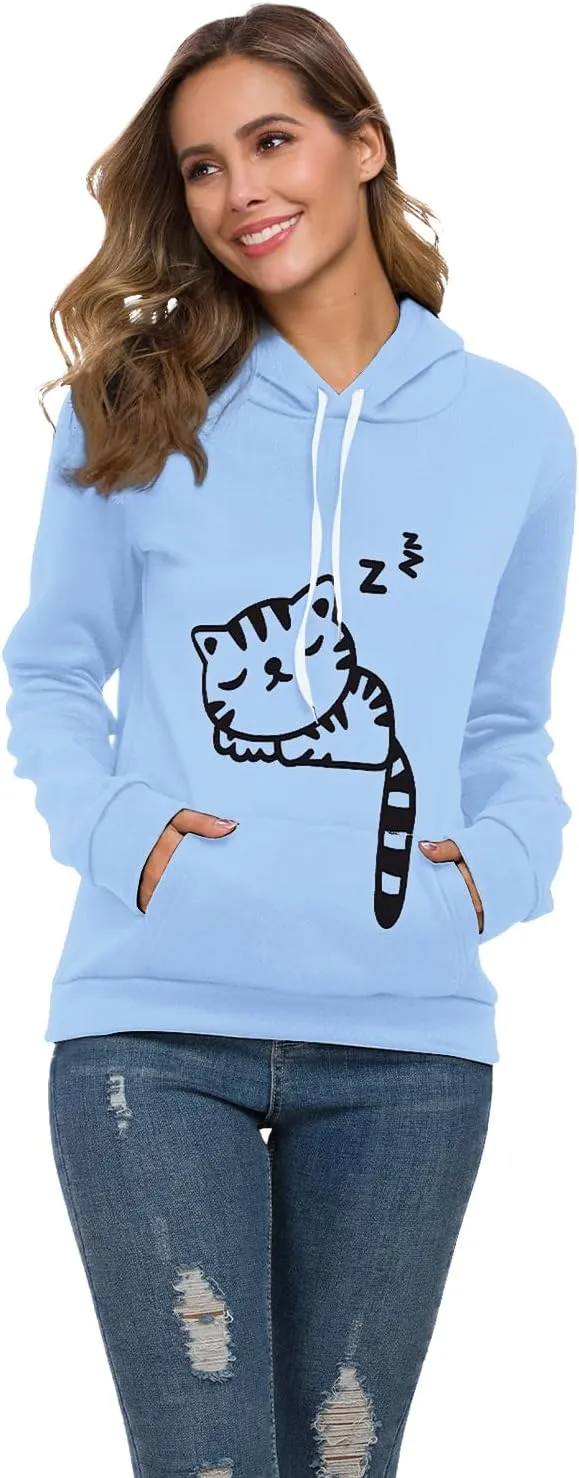 Women Teen Girls Hoodie Sweatshirt With Cute Cat Ear and Sleeping Cat Printed Pullover