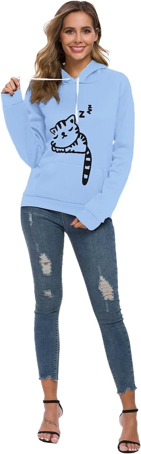 Women Teen Girls Hoodie Sweatshirt With Cute Cat Ear and Sleeping Cat Printed Pullover