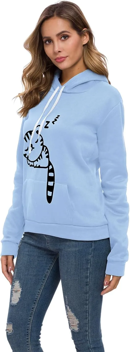 Women Teen Girls Hoodie Sweatshirt With Cute Cat Ear and Sleeping Cat Printed Pullover
