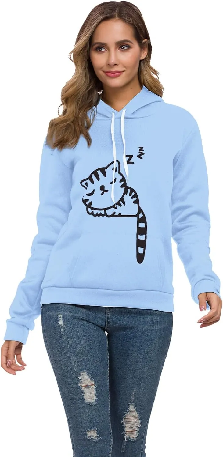 Women Teen Girls Hoodie Sweatshirt With Cute Cat Ear and Sleeping Cat Printed Pullover