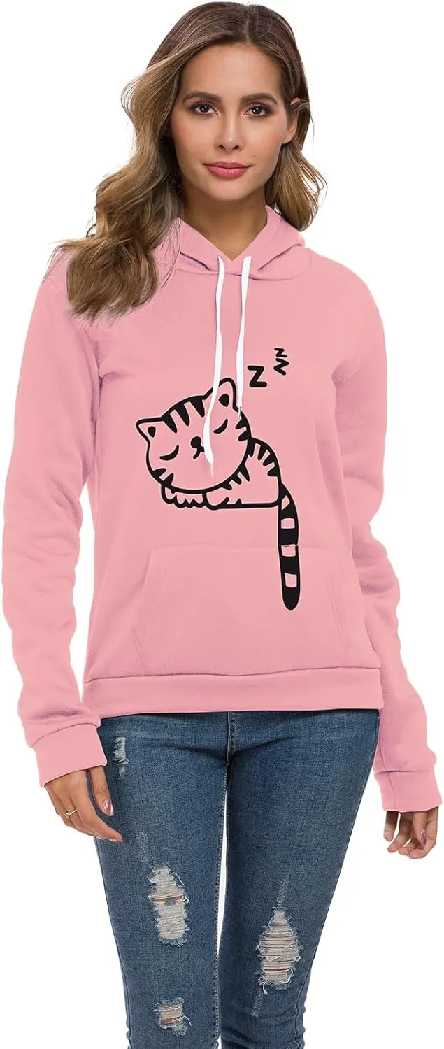 Women Teen Girls Hoodie Sweatshirt With Cute Cat Ear and Sleeping Cat Printed Pullover