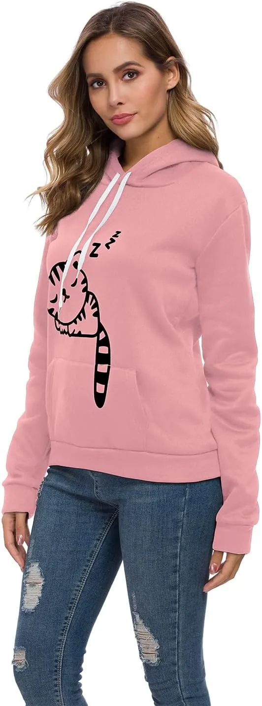 Women Teen Girls Hoodie Sweatshirt With Cute Cat Ear and Sleeping Cat Printed Pullover