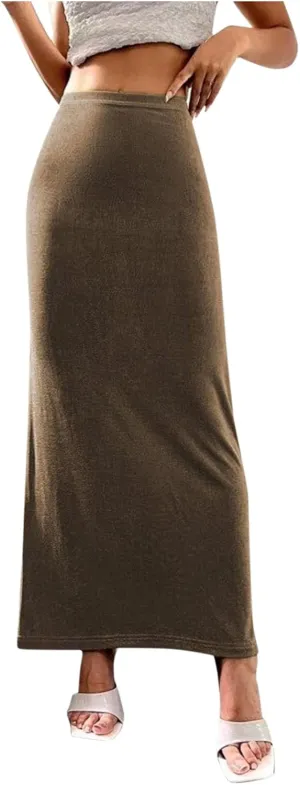 Women Vintage A-line Mid Skirt Elastic High Waist Ankle Hip Hugging Velvet Maxi Skirt Casual Flowy Swing Long Skirts