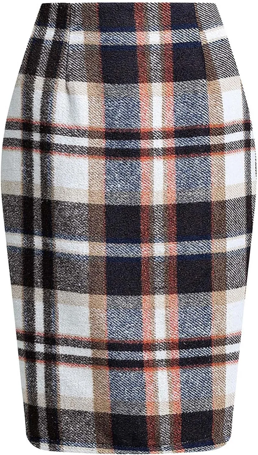 Women Wool Plaid Skirts Knee Length Preppy Clothes Bodycon Checkered Pencil Skirt High Waist Fall Winter Skirts