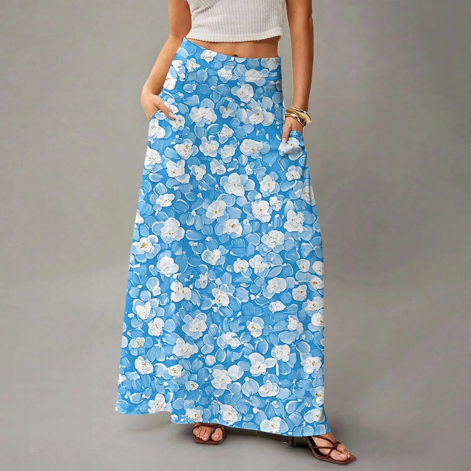 Women's 2025 Bohemian Long Skirts High Waist Flowy A Line Maxi Skirts with Pocket, S-2XL