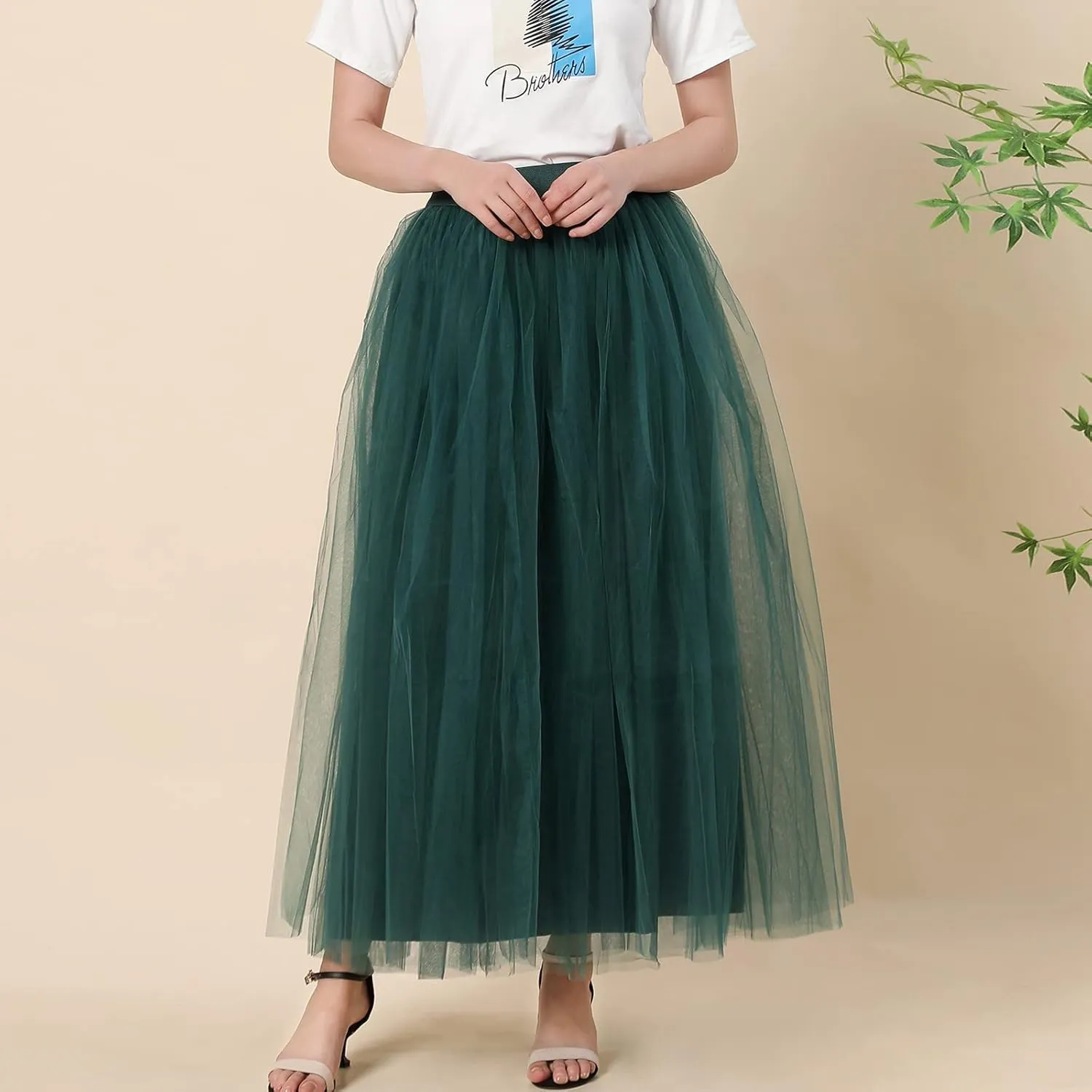 Women's A-Line High Waisted Midi Skirt Womens Long Tulle Skirt Pleated A Line Skirt High Waist Elastic Mesh Flowy