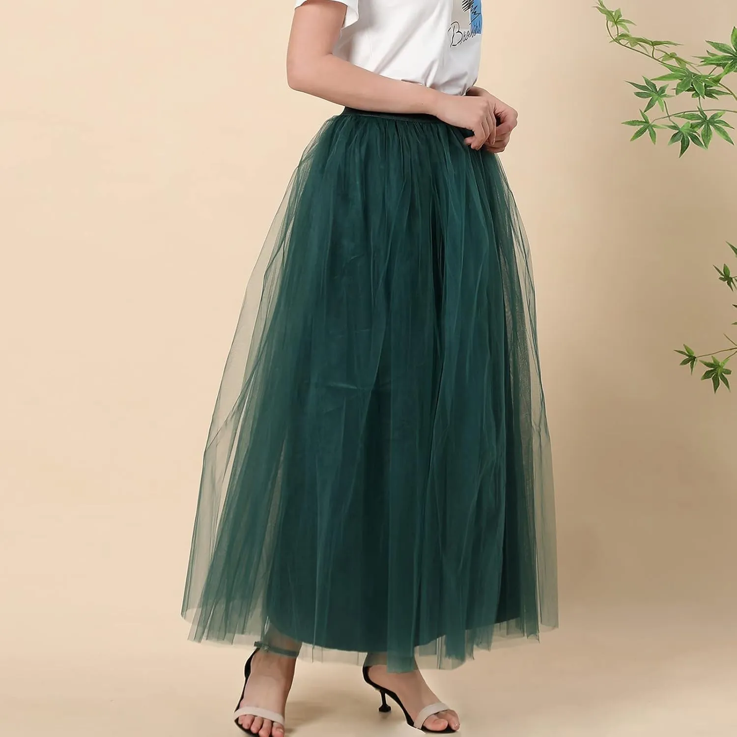 Women's A-Line High Waisted Midi Skirt Womens Long Tulle Skirt Pleated A Line Skirt High Waist Elastic Mesh Flowy