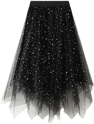 Women's Asymmetrical Tulle Sparkly Skirt High Waisted Layered Mesh Midi Pleated Skirt