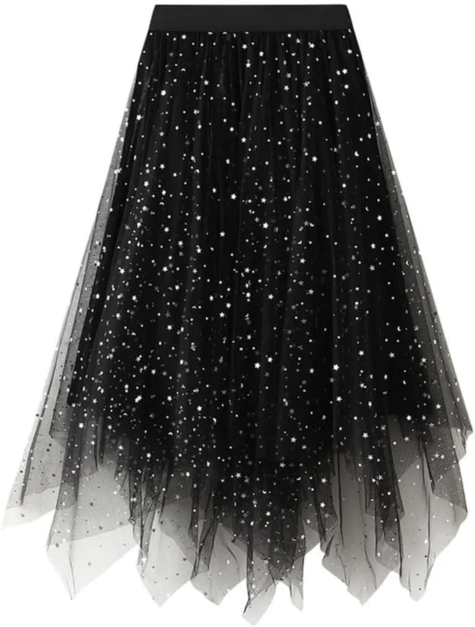 Women's Asymmetrical Tulle Sparkly Skirt High Waisted Layered Mesh Midi Pleated Skirt