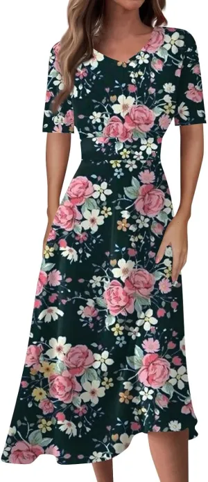 Womens Boho Dresses Short Sleeve V Neck Casual Dresses Elegant Long Flowy Dresses for Women Summer Shirt Dresses