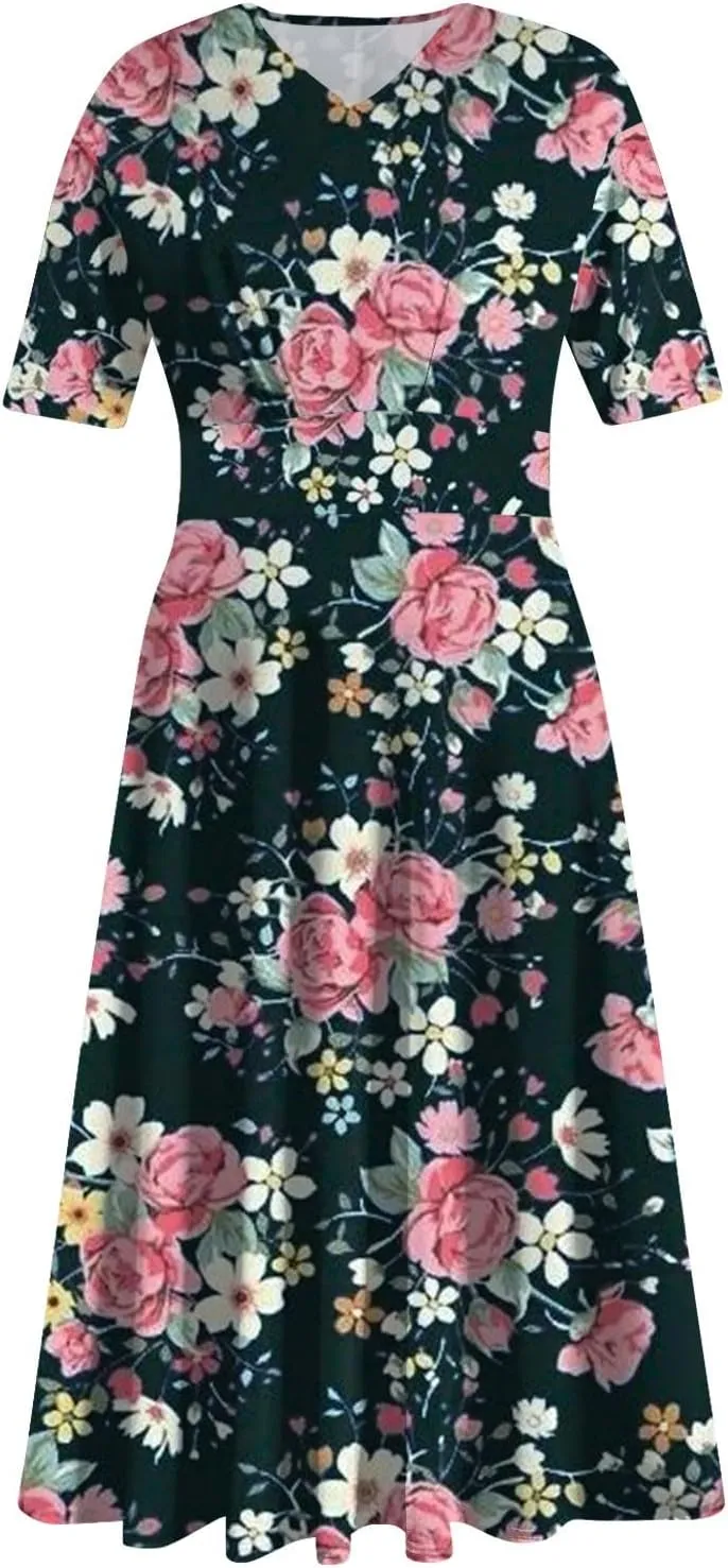 Womens Boho Dresses Short Sleeve V Neck Casual Dresses Elegant Long Flowy Dresses for Women Summer Shirt Dresses