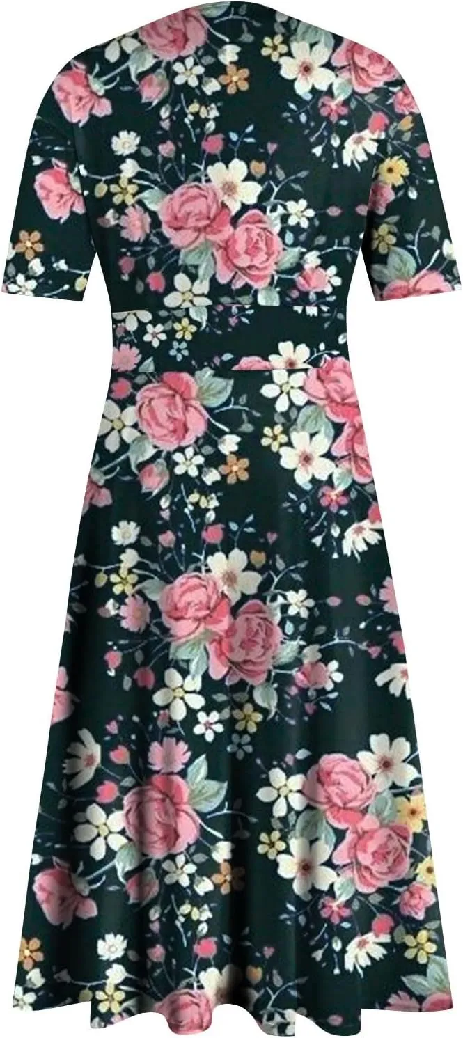 Womens Boho Dresses Short Sleeve V Neck Casual Dresses Elegant Long Flowy Dresses for Women Summer Shirt Dresses