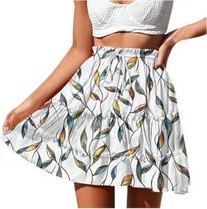 Womens Boho Floral Skirts Pleated Ruffle Tiered High Waisted Drawstring Summer Beach Vacation Mini Skirts